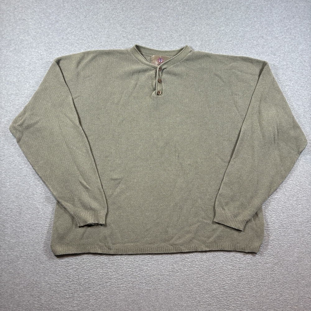 Vintage 90s The Territory Ahead Cotton Knit Henley Sweater 2XL Green USA Cottage